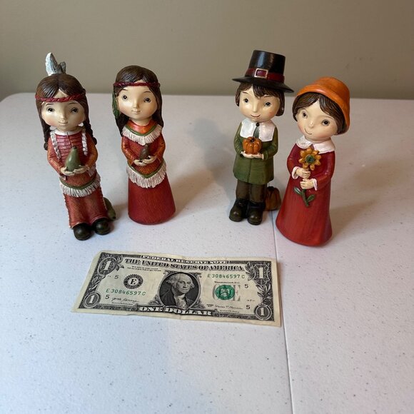 Thanksgiving Figurines Set Of 4 - Pilgrims and Native American Resin Figures - Picture 8 of 16